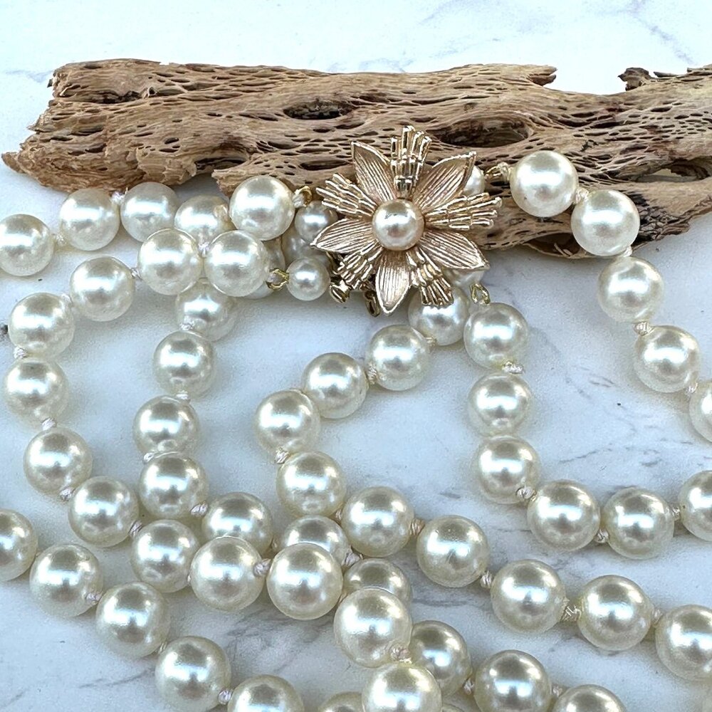 Faux Pearl Triple Strand Necklace With Gold Flower Clasp, Bridal Jewerlry, Gift - Picture 7 of 13